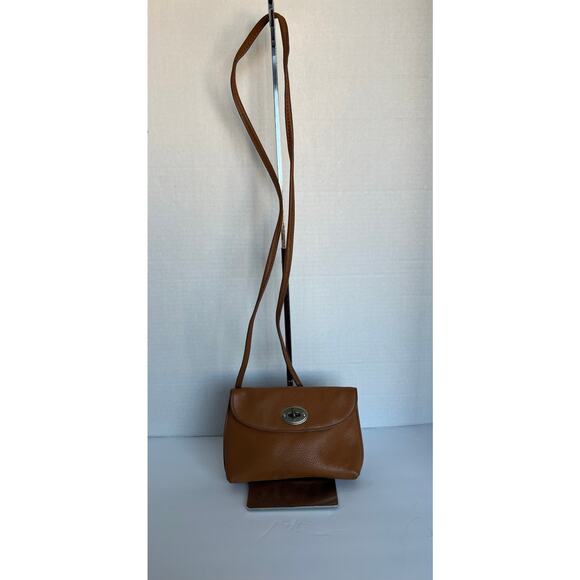 Fossil Camel Pebble Leather Monica Turnlock Crossbody Clutch Bag Purse - Picture 1 of 10